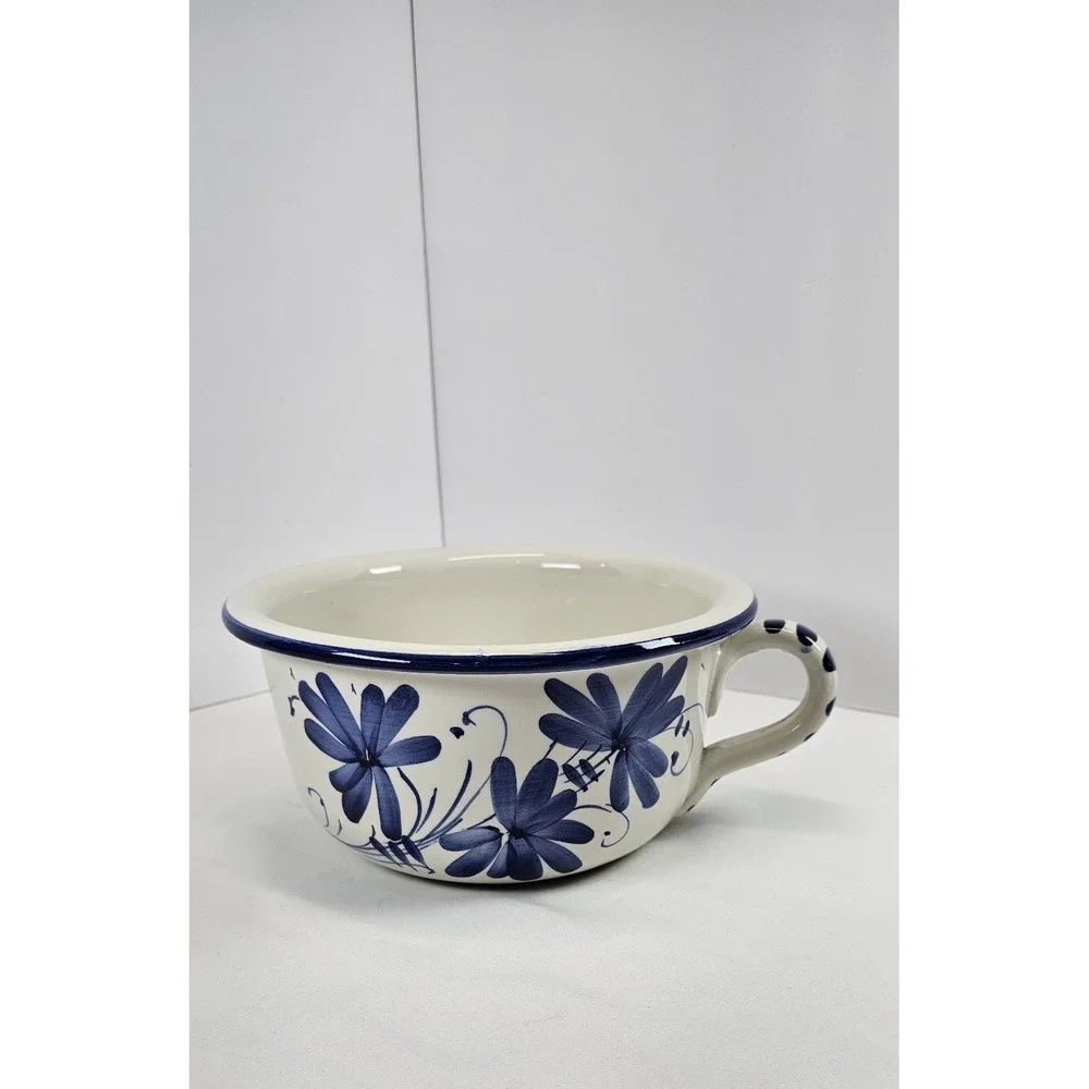 Vintage Blue Floral Handled Soup Bowl Ceramic Serving Dish Farmhouse Kitchen